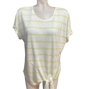 Bobeau Striped White and Green scoop neck pullover tie front top, size L